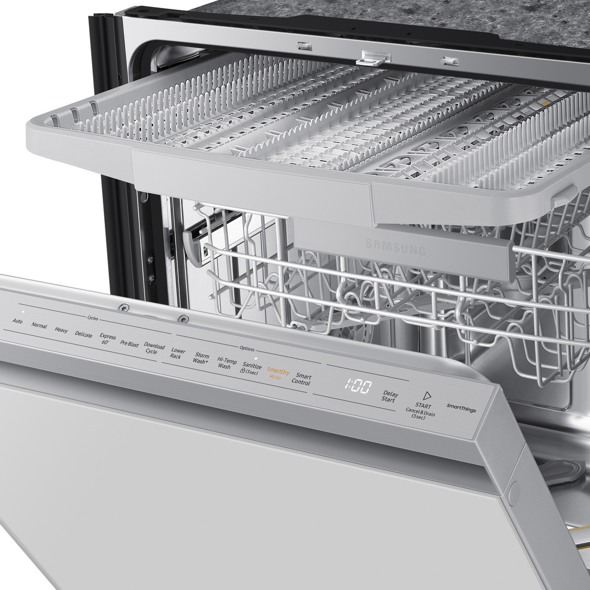 Open Samsung dishwasher showing the third rack and the hidden top control panel on the door edge