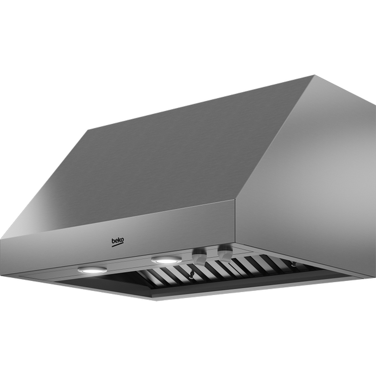 Angled view of the Beko stainless steel range hood underside with two knob controls, two lights, and baffle-style filters