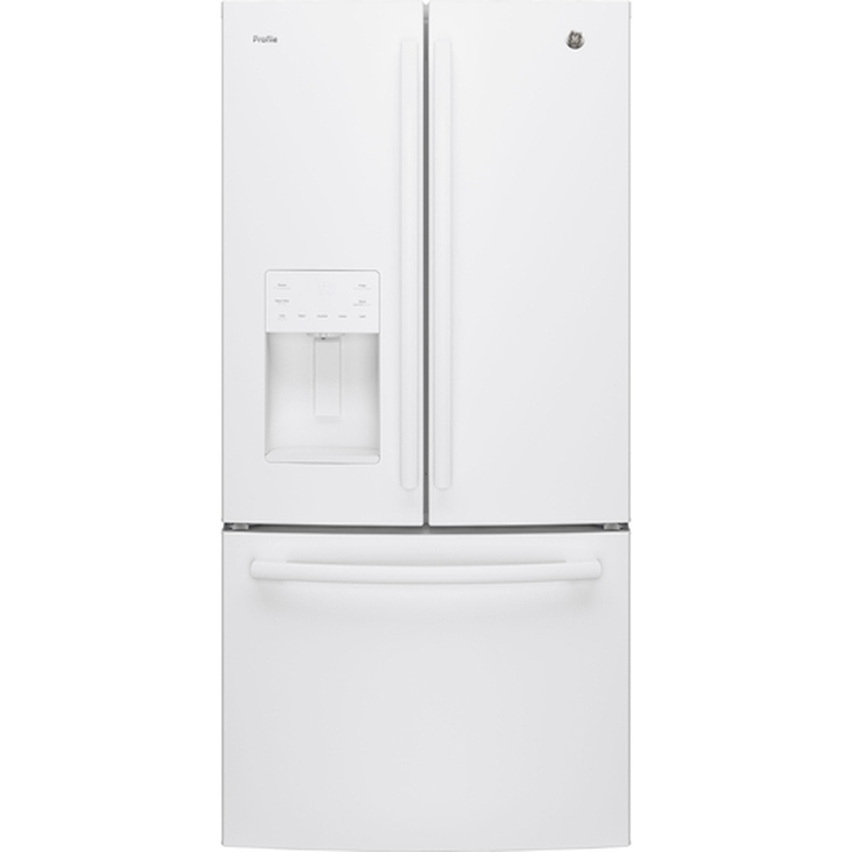 White GE Profile French door refrigerator with external ice and water dispenser