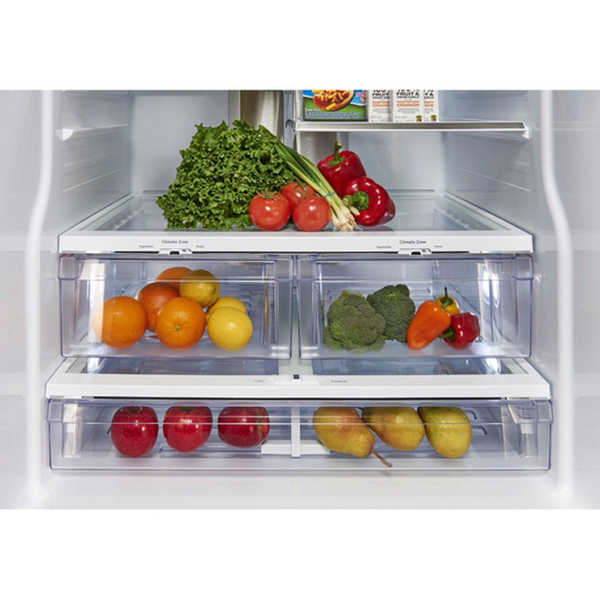 Refrigerator interior drawers with produce storage