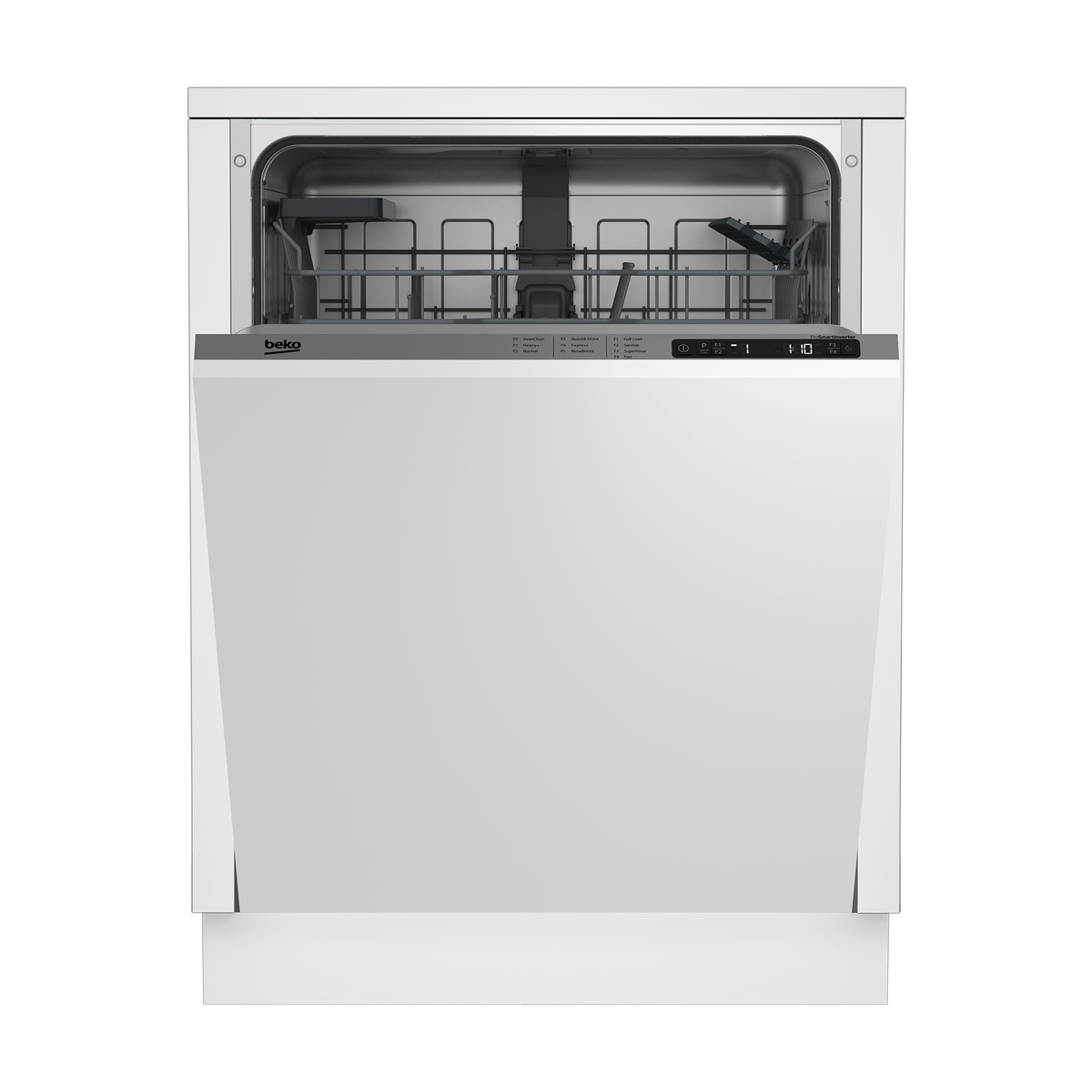 Fully integrated panel-ready dishwasher shown with the door open and top-edge control panel visible