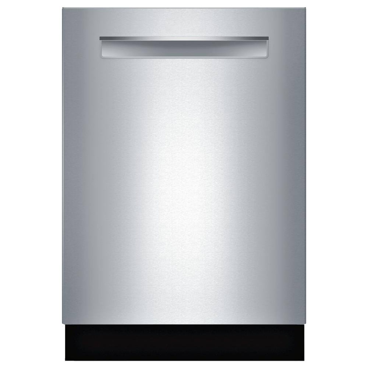 Front view of a stainless steel Bosch built-in dishwasher with a recessed handle