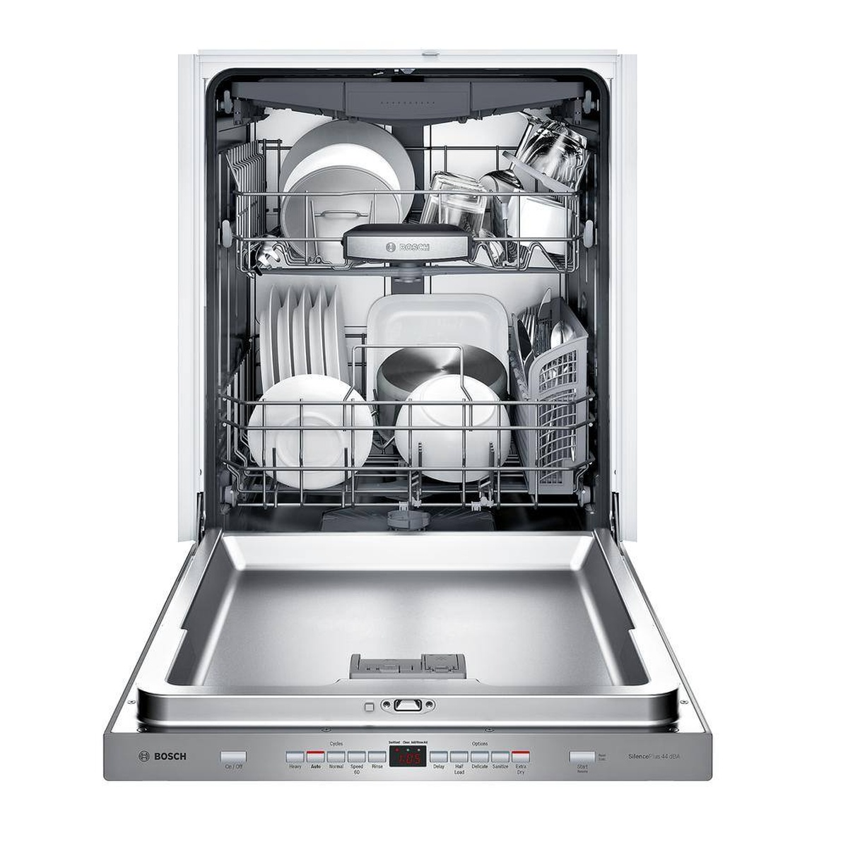 Open Bosch dishwasher with dishes loaded in the racks and control buttons visible along the inner door edge