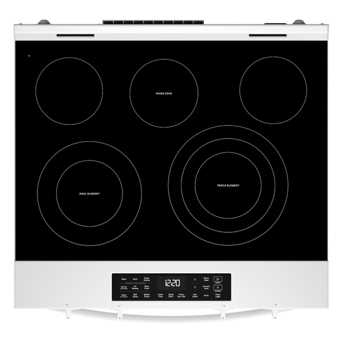 Top view of the black glass cooktop with five radiant zones labeled Warm Zone, Dual Element, and Triple Element, plus a front digital touch control panel