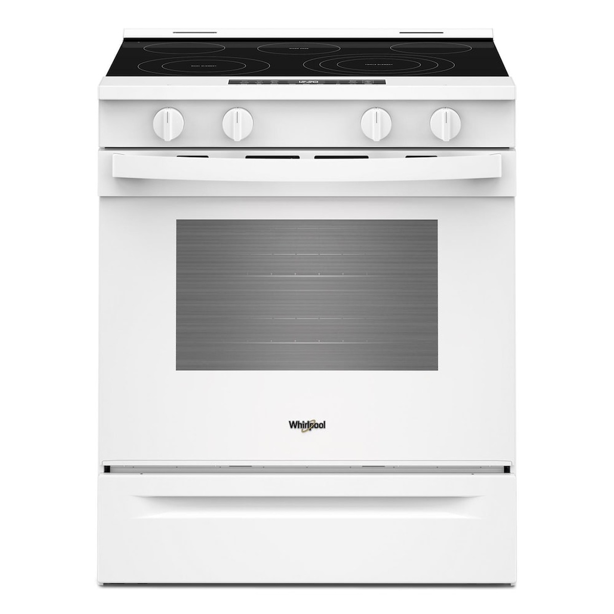 Front view of a white Whirlpool slide-in electric range with a black glass cooktop, four front knobs, and an oven door viewing window