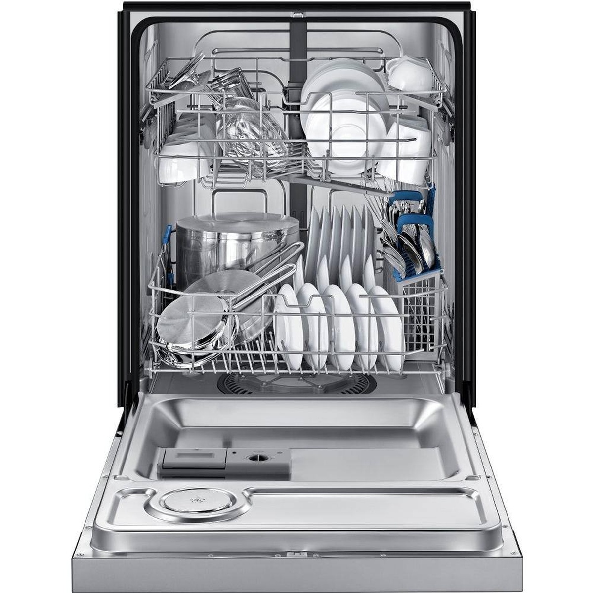 Open dishwasher interior showing two racks loaded with dishes and a silverware basket