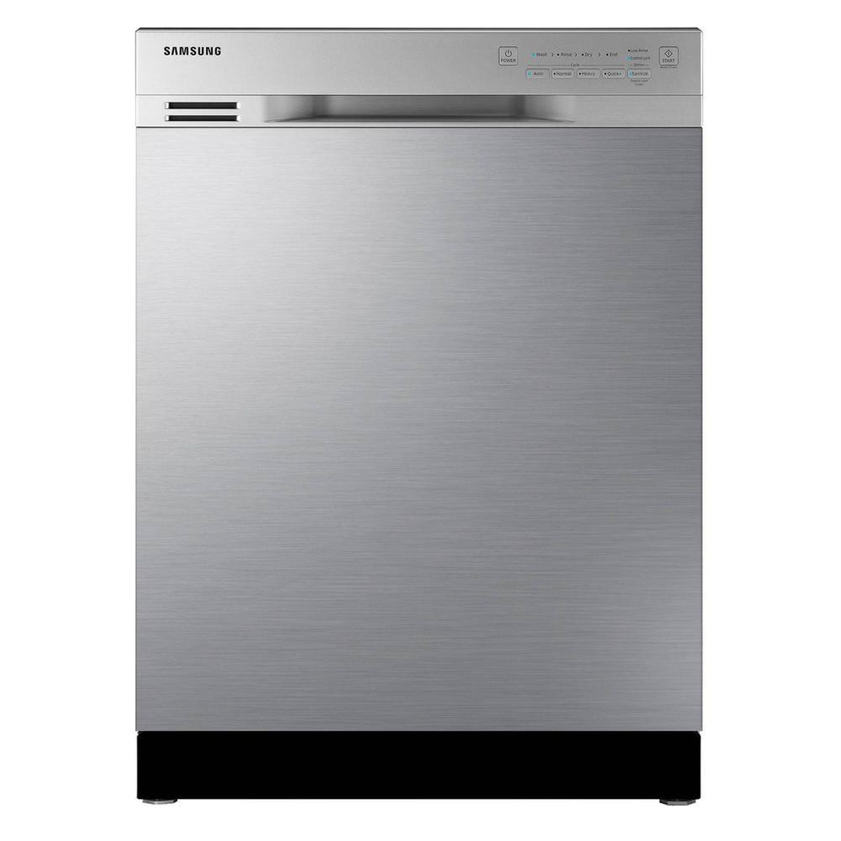 Front view of a Samsung stainless built-in dishwasher showing the front control panel