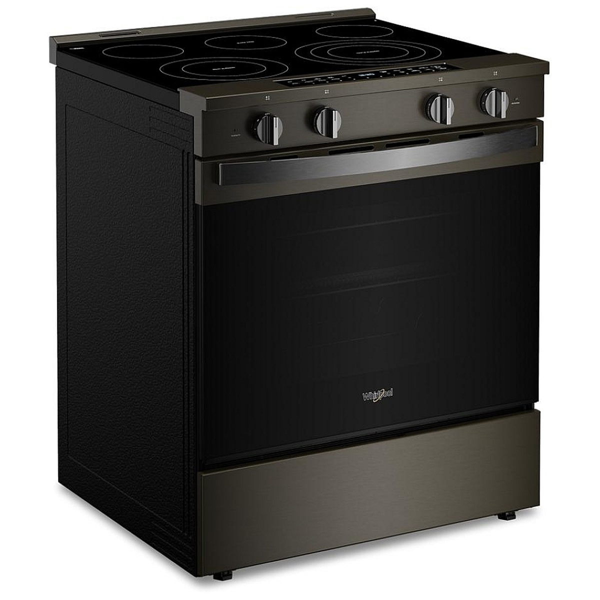 Angled front view of a Whirlpool slide-in electric range in black stainless with a glass-ceramic smoothtop and four front knobs.