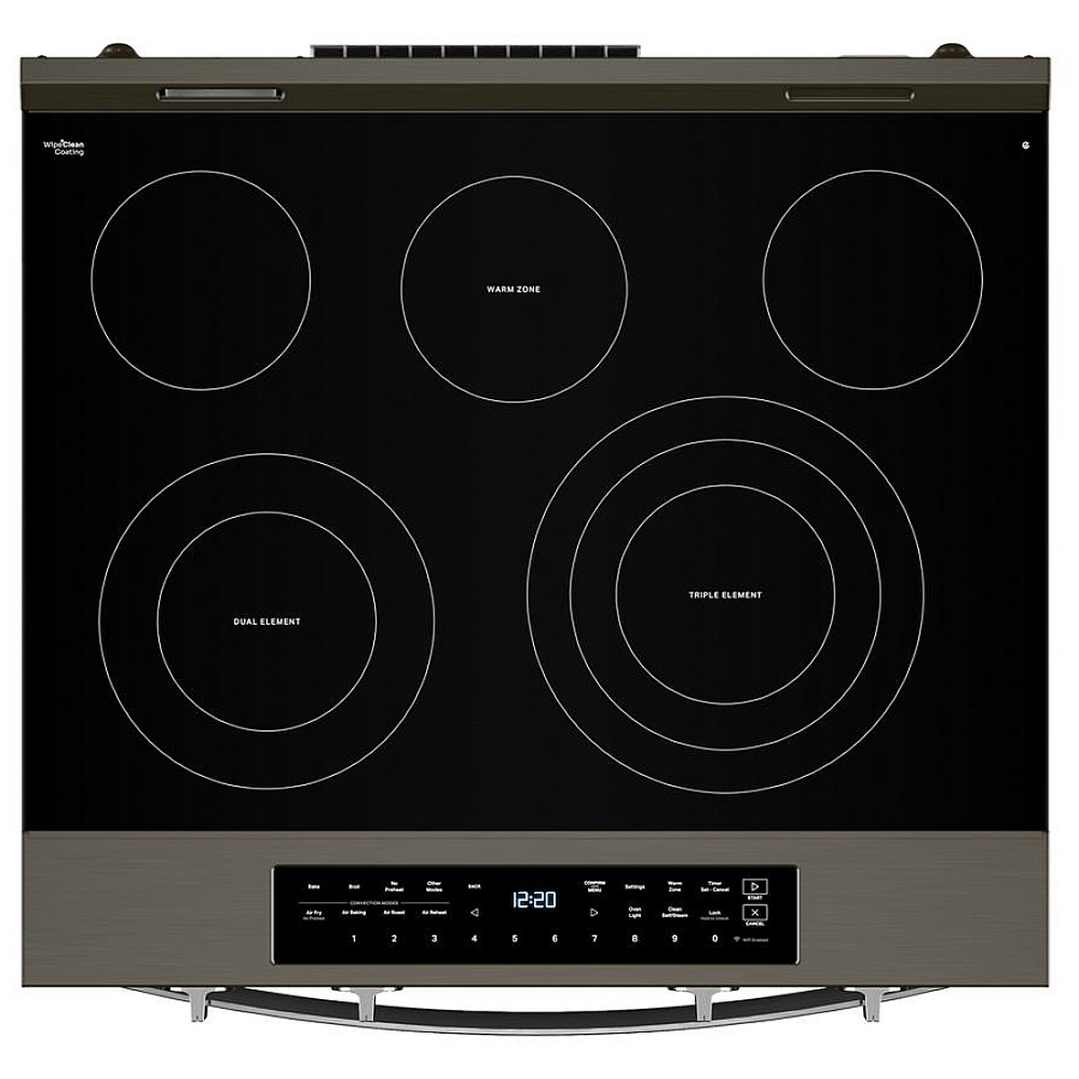 Top view of the glass cooktop showing a triple element, dual element and a warm zone