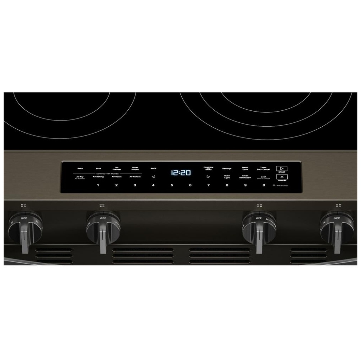 Close-up of the range front control panel showing touch controls for Air Fry, Air Baking, Air Roast, Air Broil, Air Reheat, clean options, and a Wi-Fi enabled indicator.