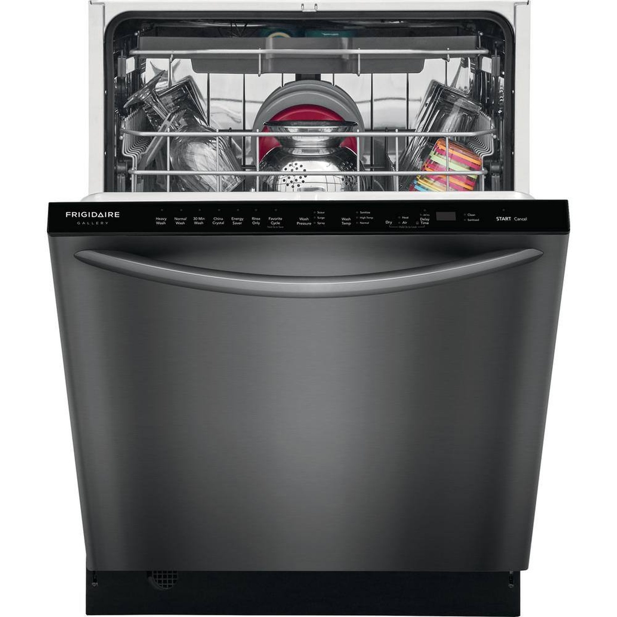 Frigidaire Gallery dishwasher with the door open, showing the top control panel and loaded racks