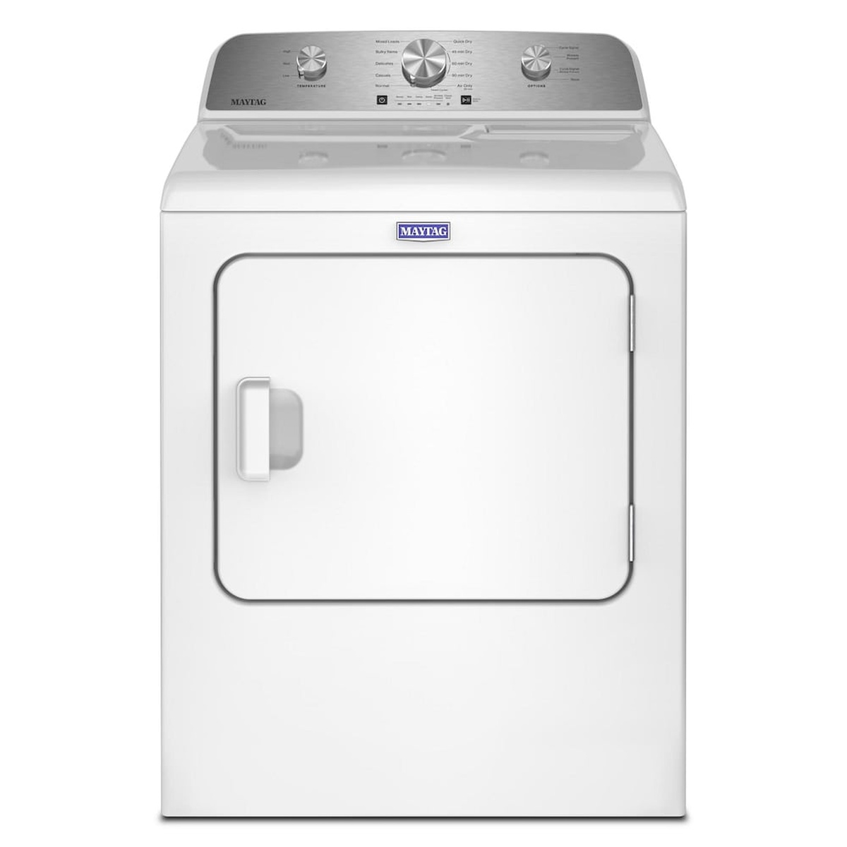 Front view of a white Maytag electric dryer with top control panel and right-swing door