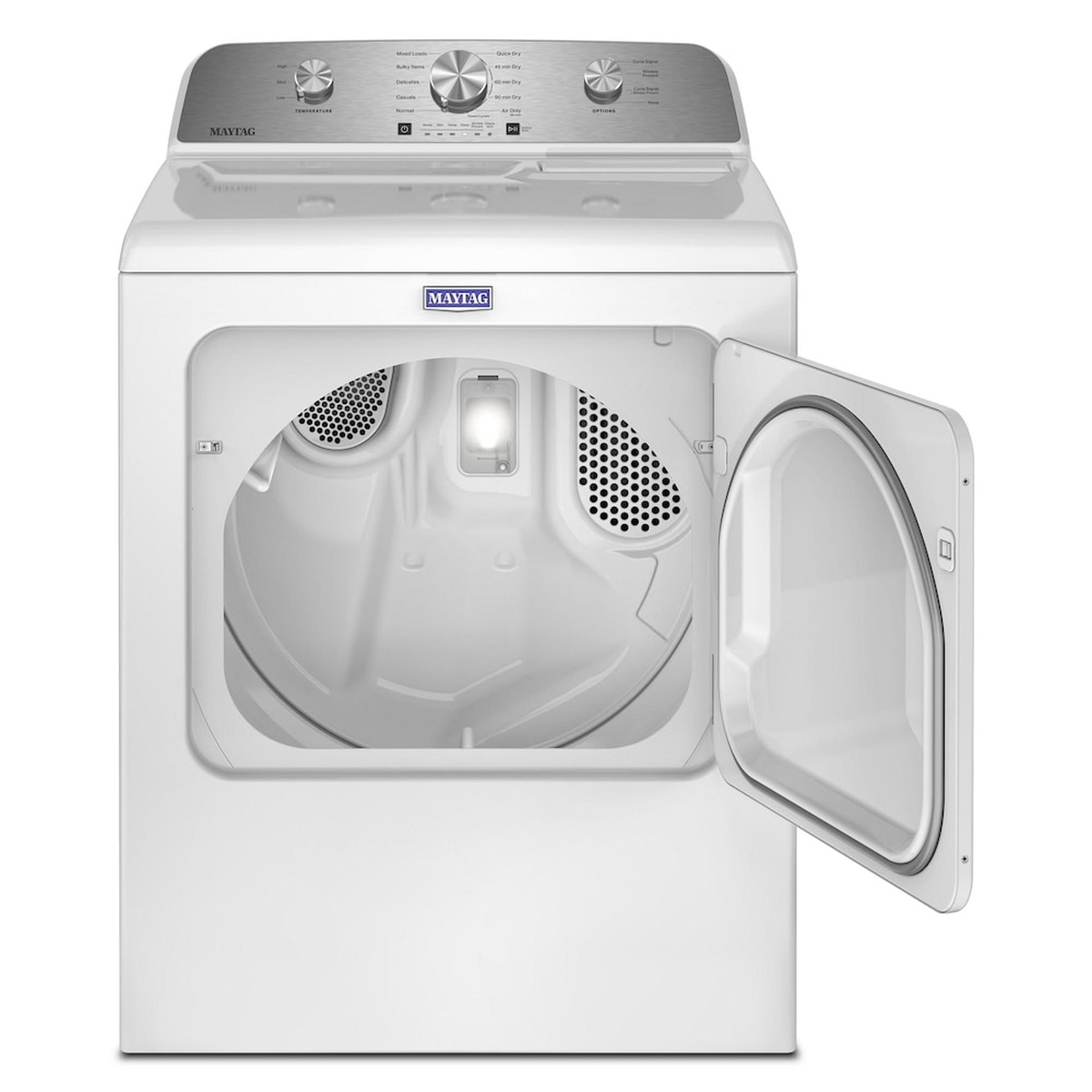 Maytag white electric dryer with the door open, showing the drum interior and interior light