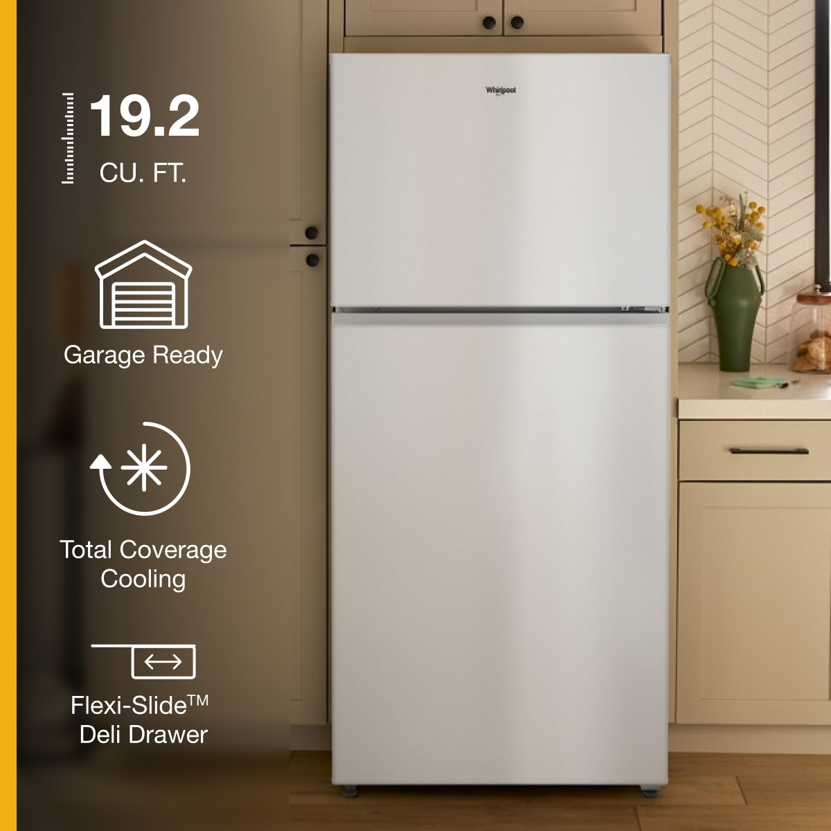 White Whirlpool top-freezer refrigerator shown installed in a kitchen, with on-image callouts for Garage Ready, Total Coverage Cooling, and Flexi-Slide deli drawer