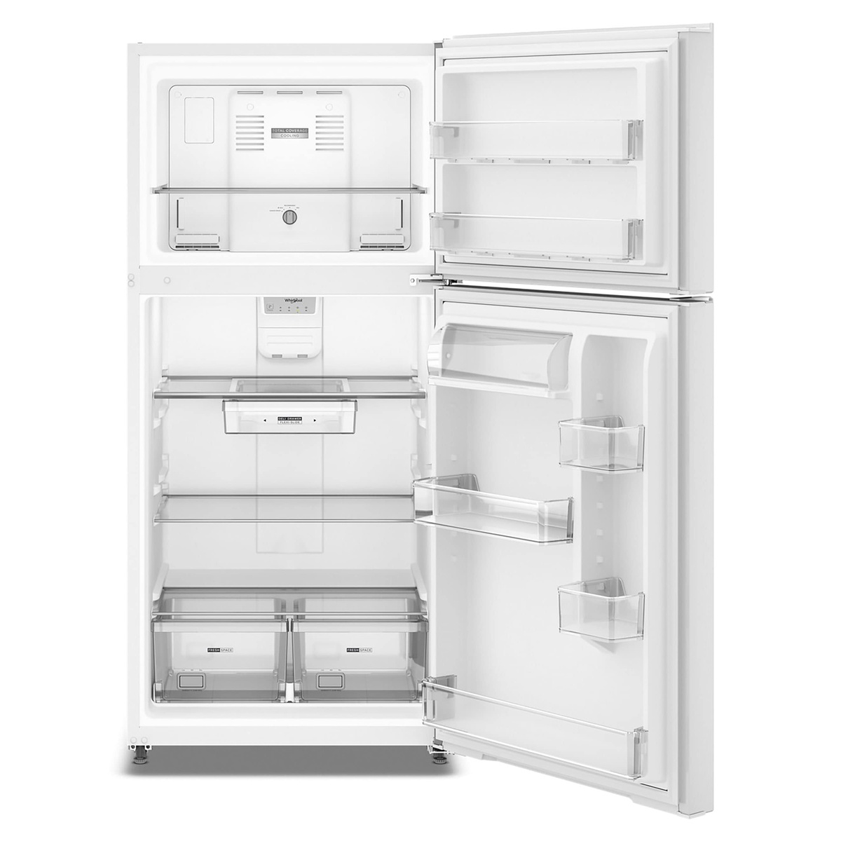 Whirlpool white top-freezer refrigerator with both doors open, showing glass shelves, a sliding deli drawer, two produce crispers, and clear door bins