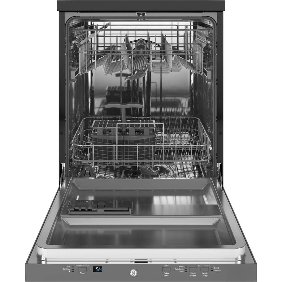 Open GE portable dishwasher showing stainless steel interior, upper and lower racks, and top control panel