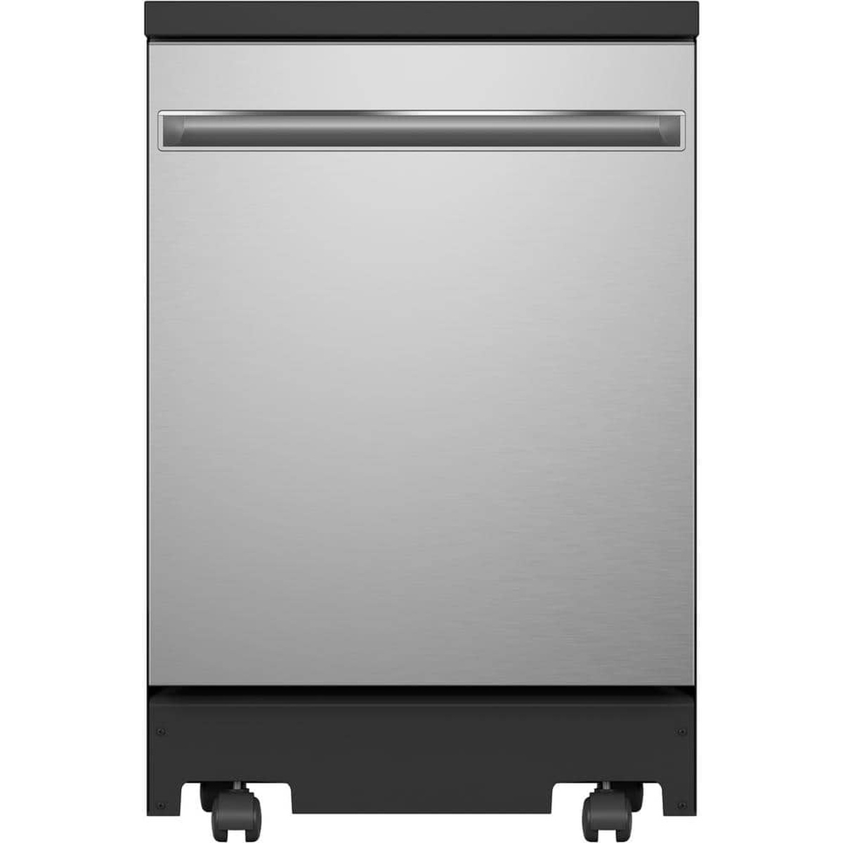 Front view of GE stainless portable dishwasher with integrated handle and caster wheels