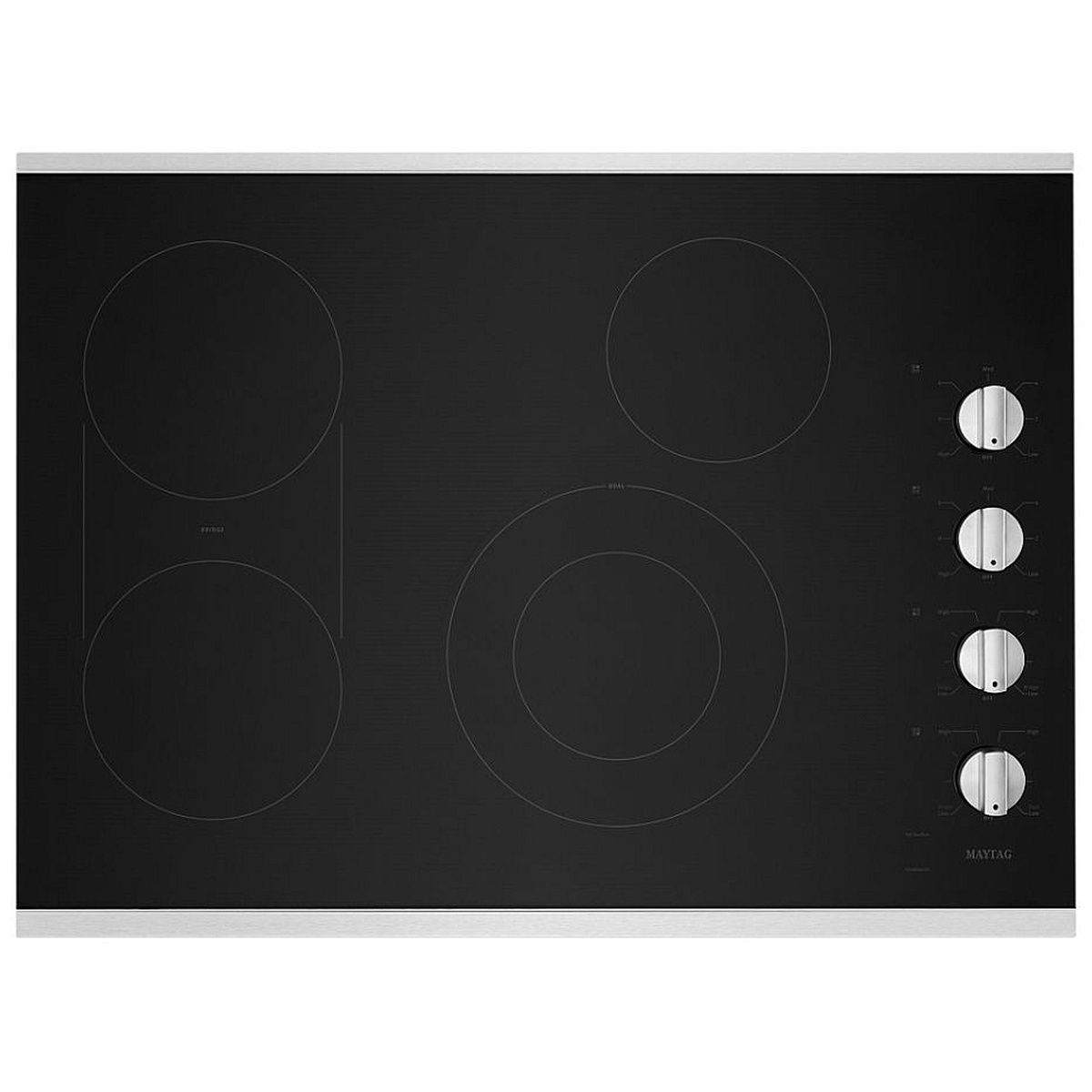 Top view of a Maytag black glass electric cooktop with four radiant cooking zones and four silver control knobs along the right side