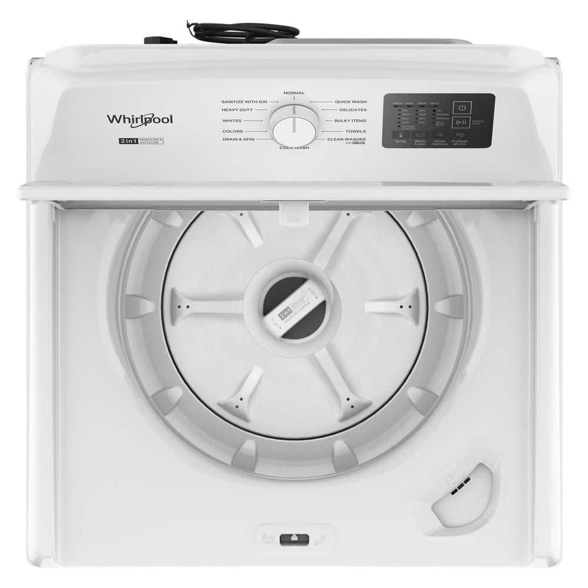 Top view inside the Whirlpool washer showing the wash basket with the removable agitator installed and the control panel above