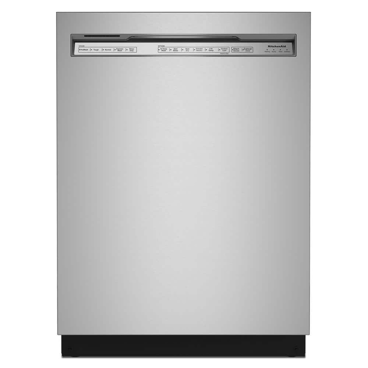 Front view of a KitchenAid built-in dishwasher in stainless steel with a slim top control strip