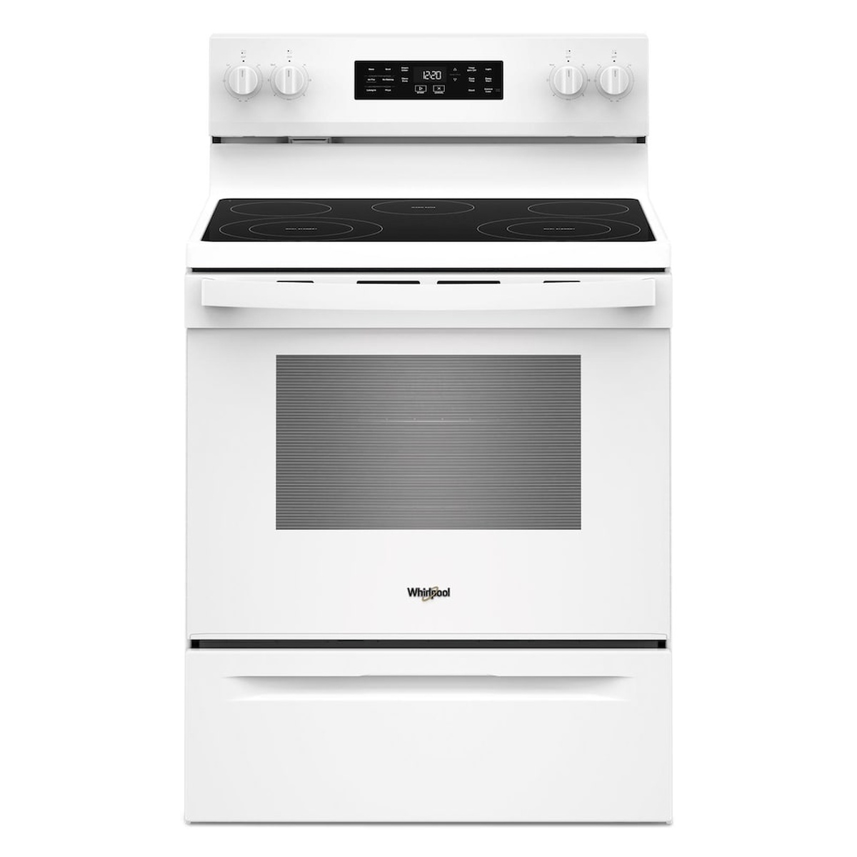 Front view of a white Whirlpool freestanding electric range with back control panel, oven window, and lower storage drawer