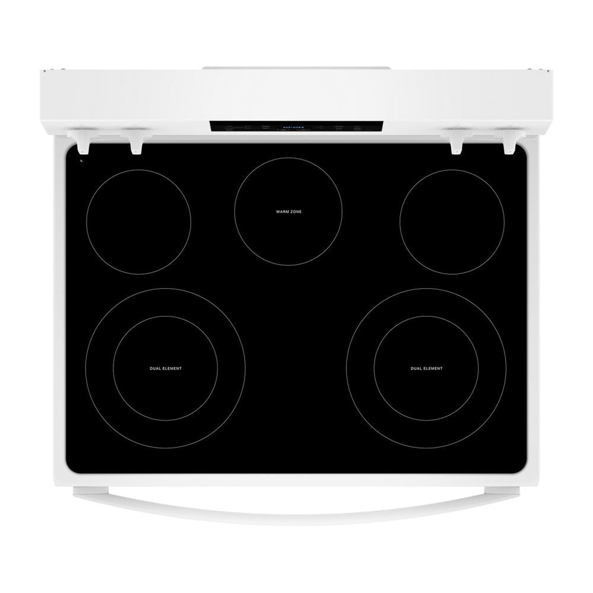 Top-down view of a black glass radiant cooktop with five cooking zones, including two zones labeled dual element and a center warm zone