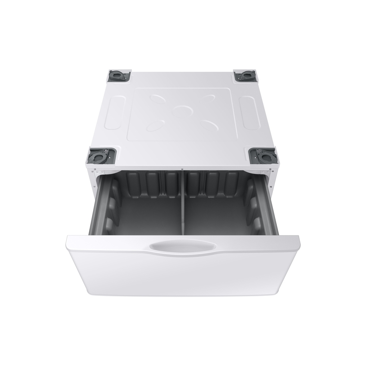 White Samsung laundry pedestal shown with the drawer pulled open