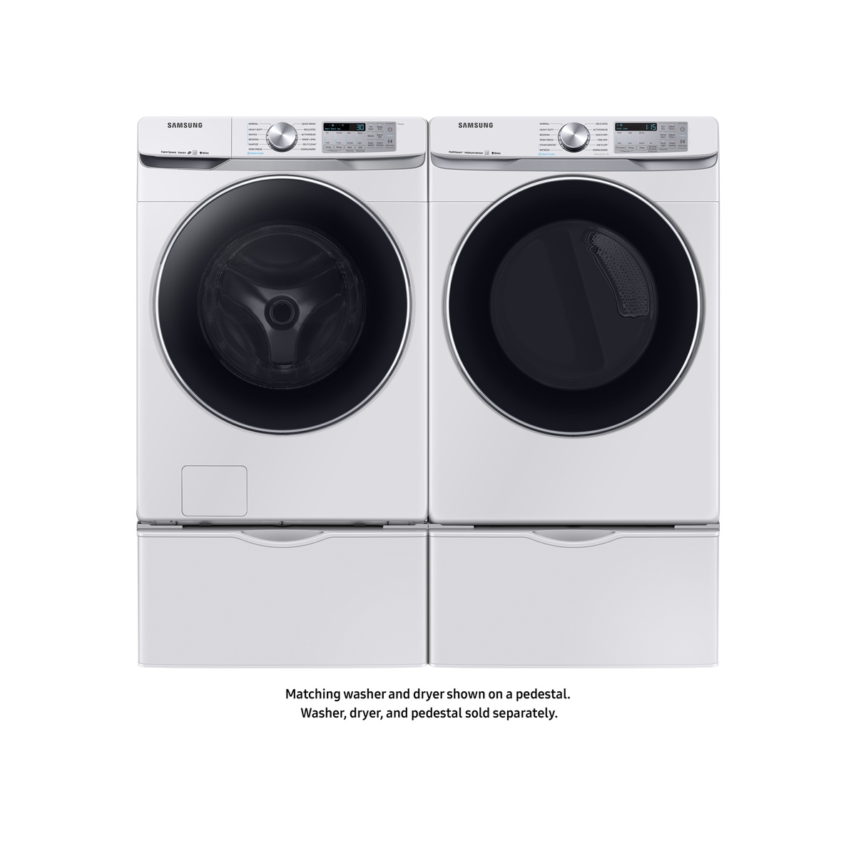 Samsung front load washer and dryer shown installed on matching white pedestals