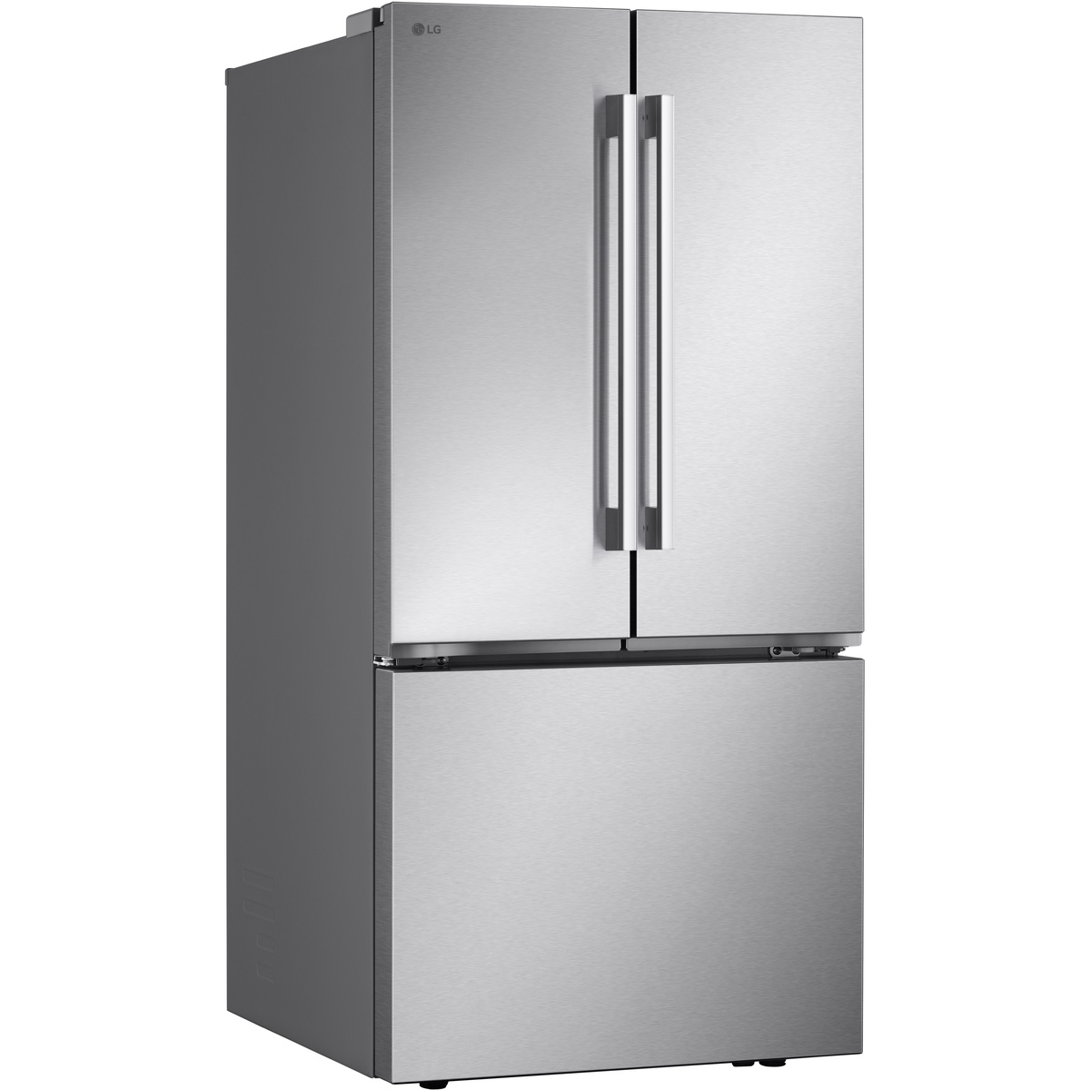 Angled front view of the LG LF21G6201S stainless steel French door refrigerator with bottom freezer drawer and long vertical handles