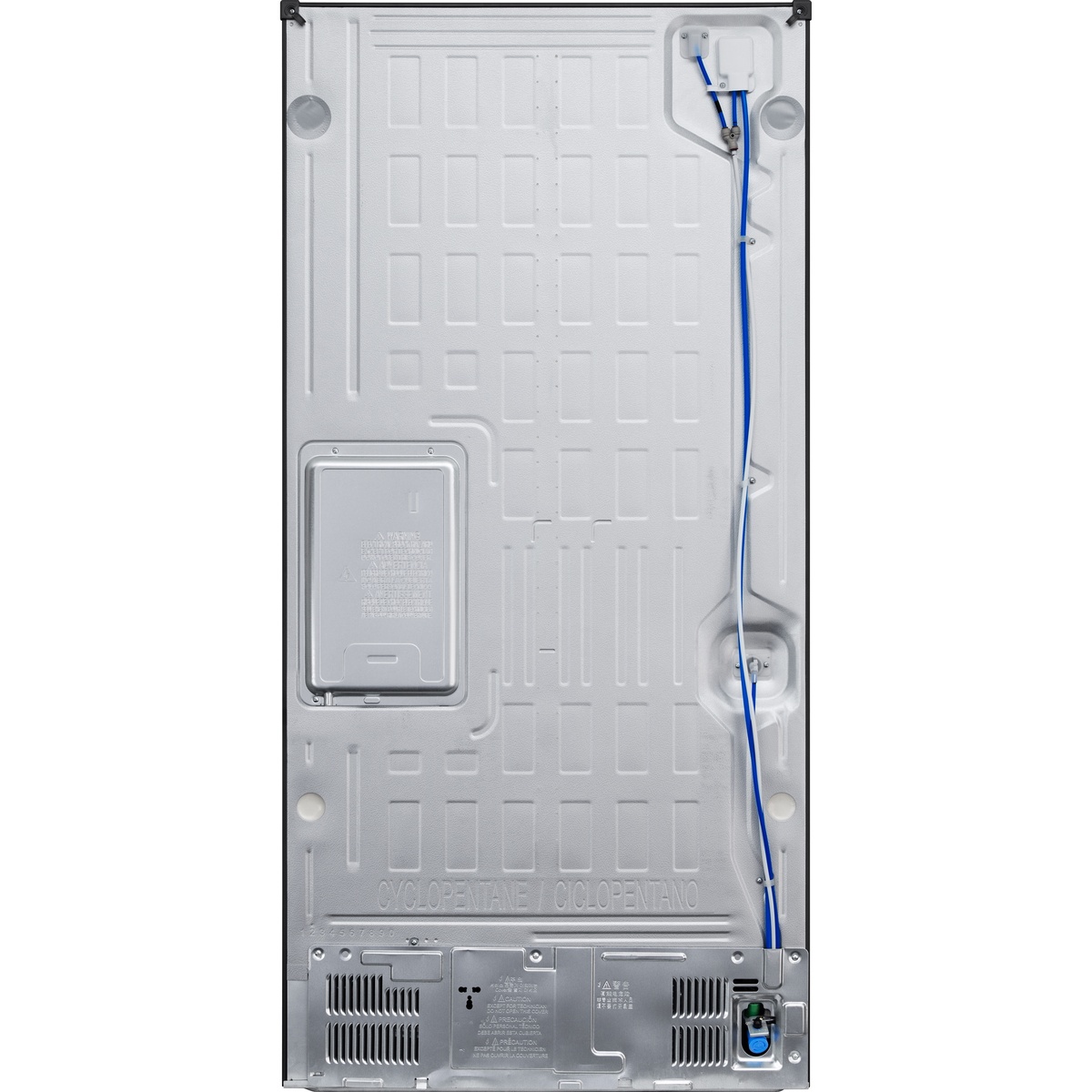 Rear view of the LG LF21G6201S refrigerator showing the back panel and water line routing