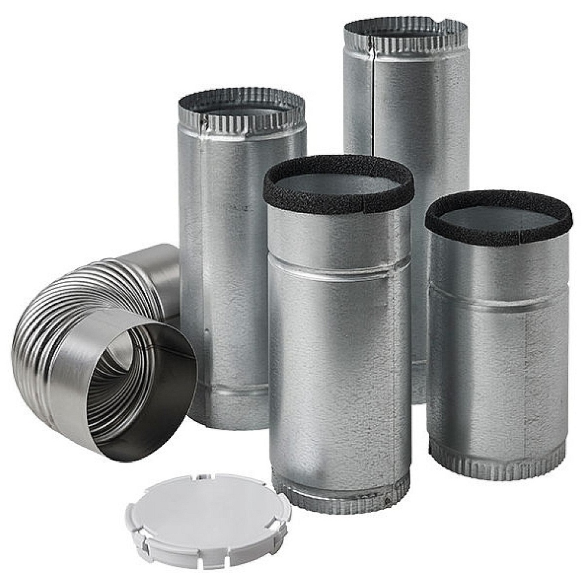 Samsung DV-2A/XAA side vent kit parts including metal duct sections, an accordion-style duct piece, and a round cover plate