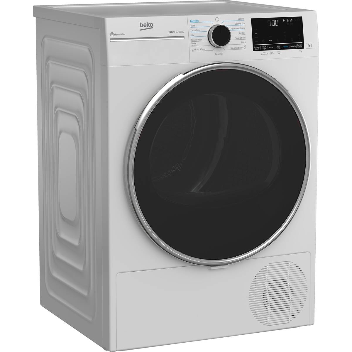 Angled front view of a white Beko 24-inch ventless dryer with large black glass door and chrome trim