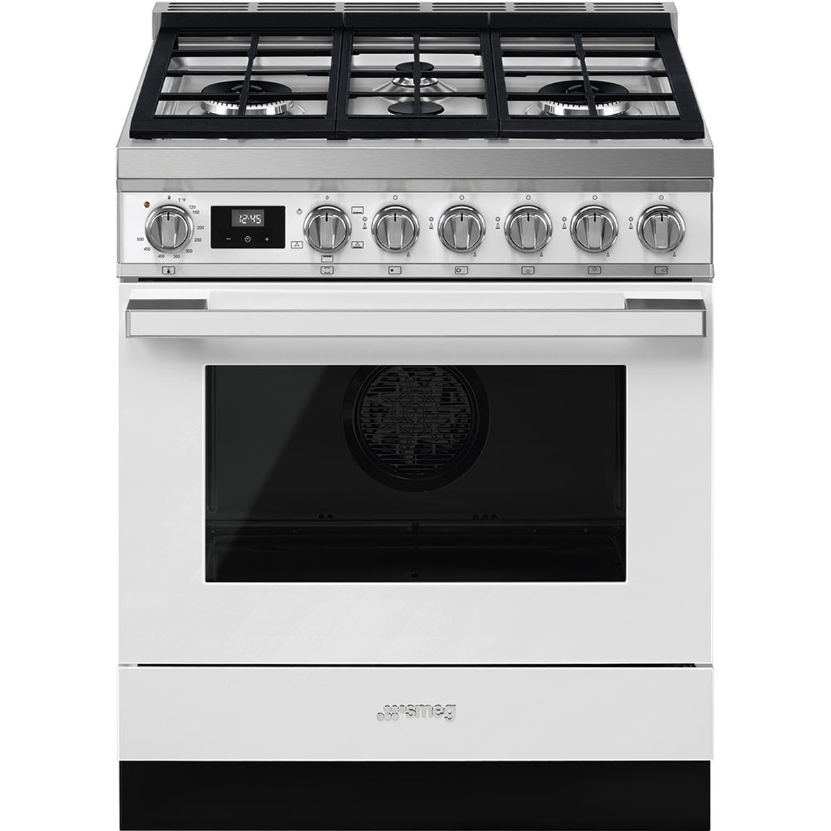 Front view of a white Smeg 30 inch gas range with four-burner cooktop, cast-iron grates, stainless knobs, a central touch display, oven window, and a lower storage drawer