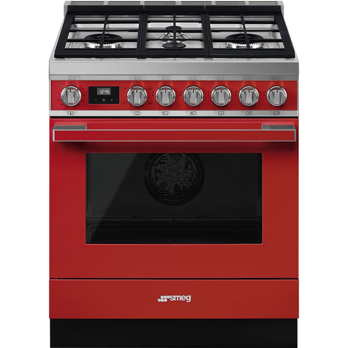 Front view of the red Smeg 30-inch gas range showing four gas burners with cast-iron grates, a touch display, seven control knobs, and a lower storage drawer.