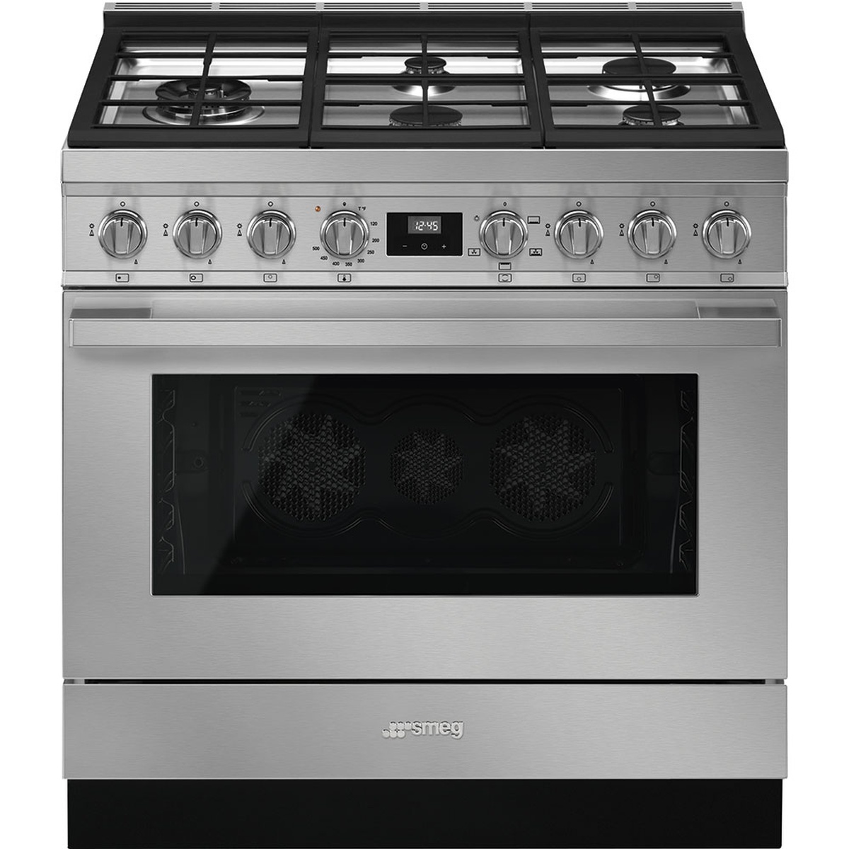 Front view of a Smeg Portofino stainless steel 36 inch range with five burners, touch display, and multiple control knobs