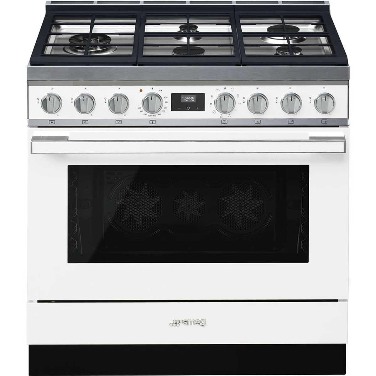 Front view of white Smeg 36 inch range with five gas burners, cast iron grates, and knob controls