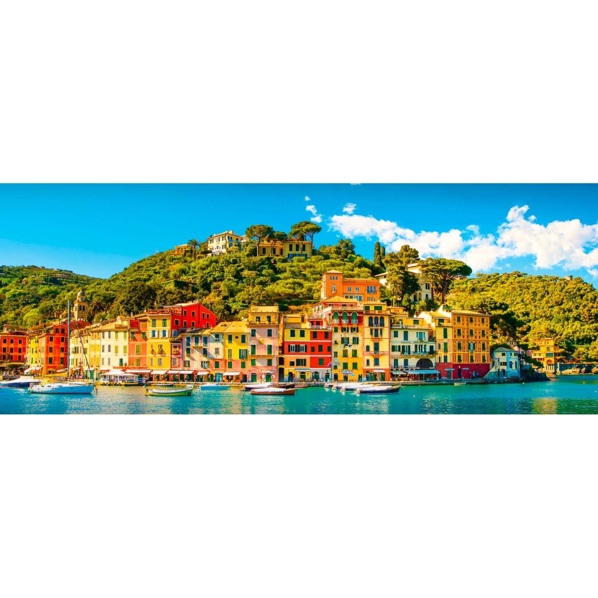 Colorful coastal hillside town scene associated with Portofino styling