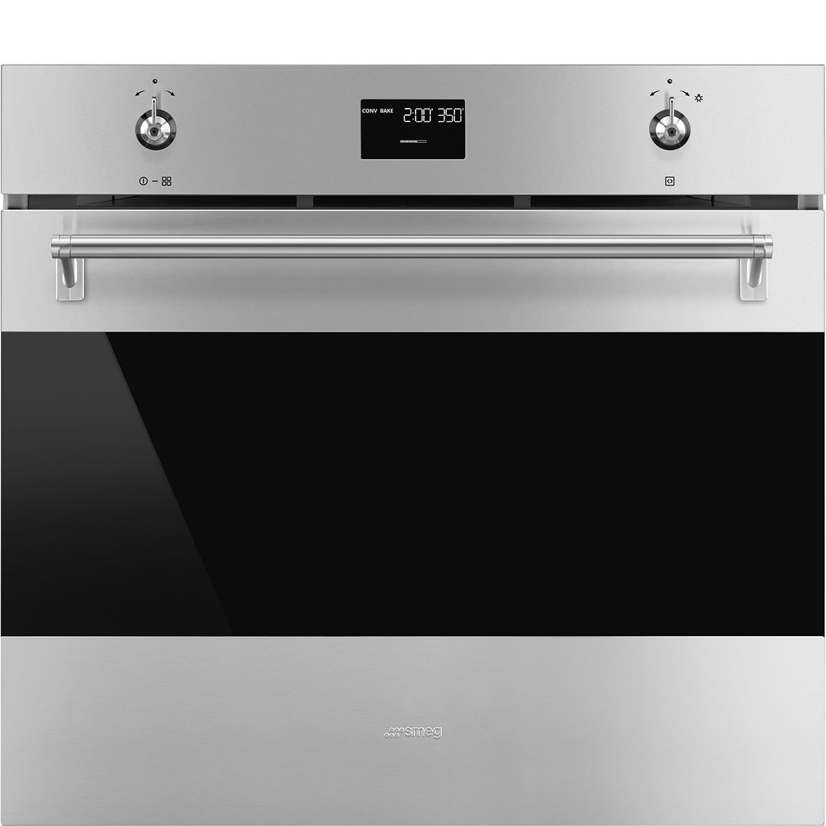 Front view of Smeg built-in oven with LCD display, two control knobs, and stainless handle