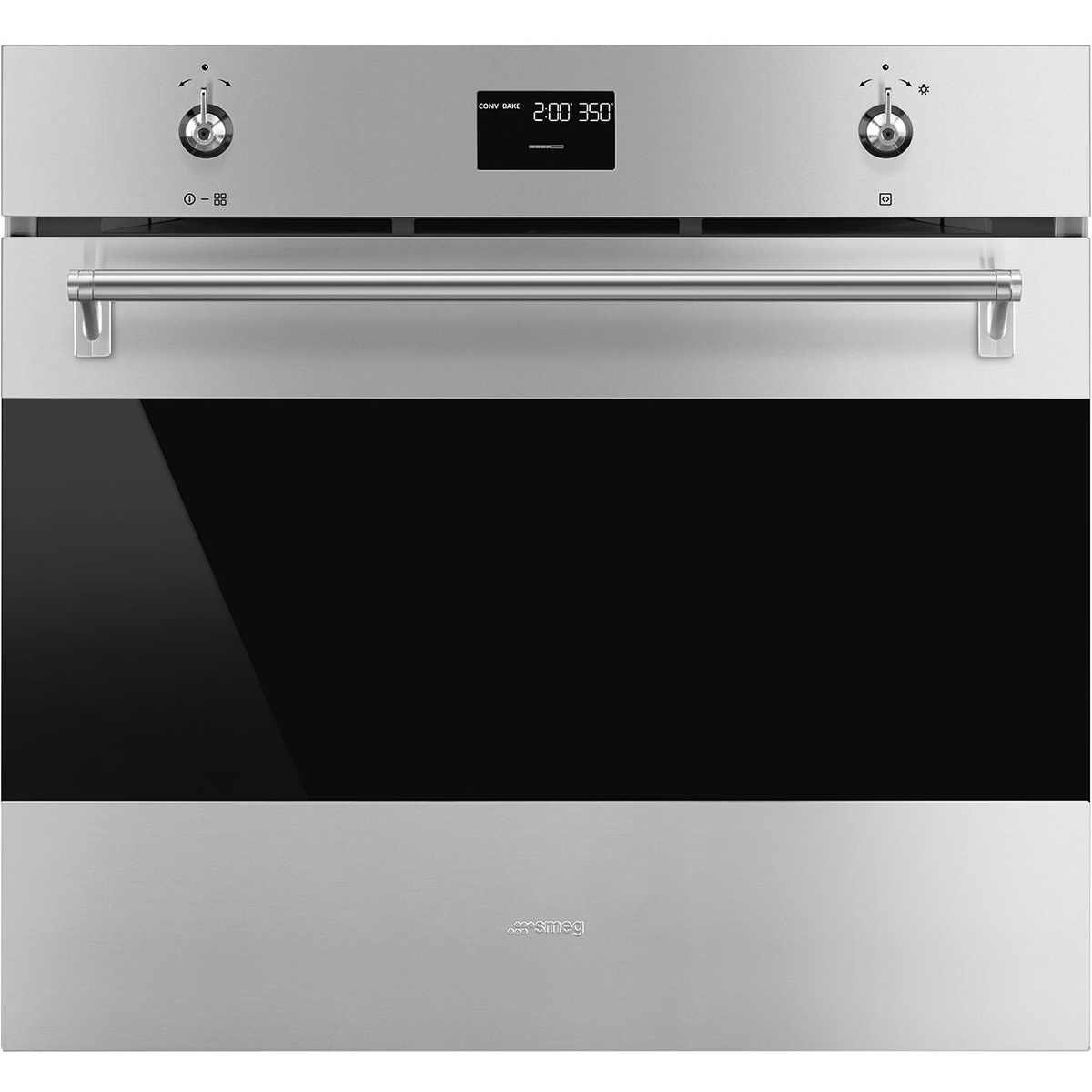 Front view of a Smeg stainless steel built-in wall oven with two control knobs, a central LCD display, a wide horizontal handle, and a dark glass door