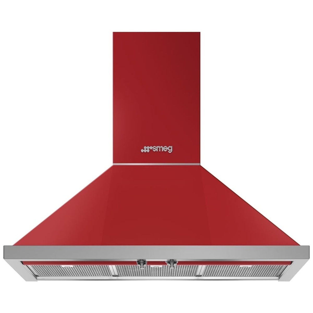 Portofino-style wall chimney range hood shown in red, with a wide canopy, two front control knobs, and visible underside metal filters