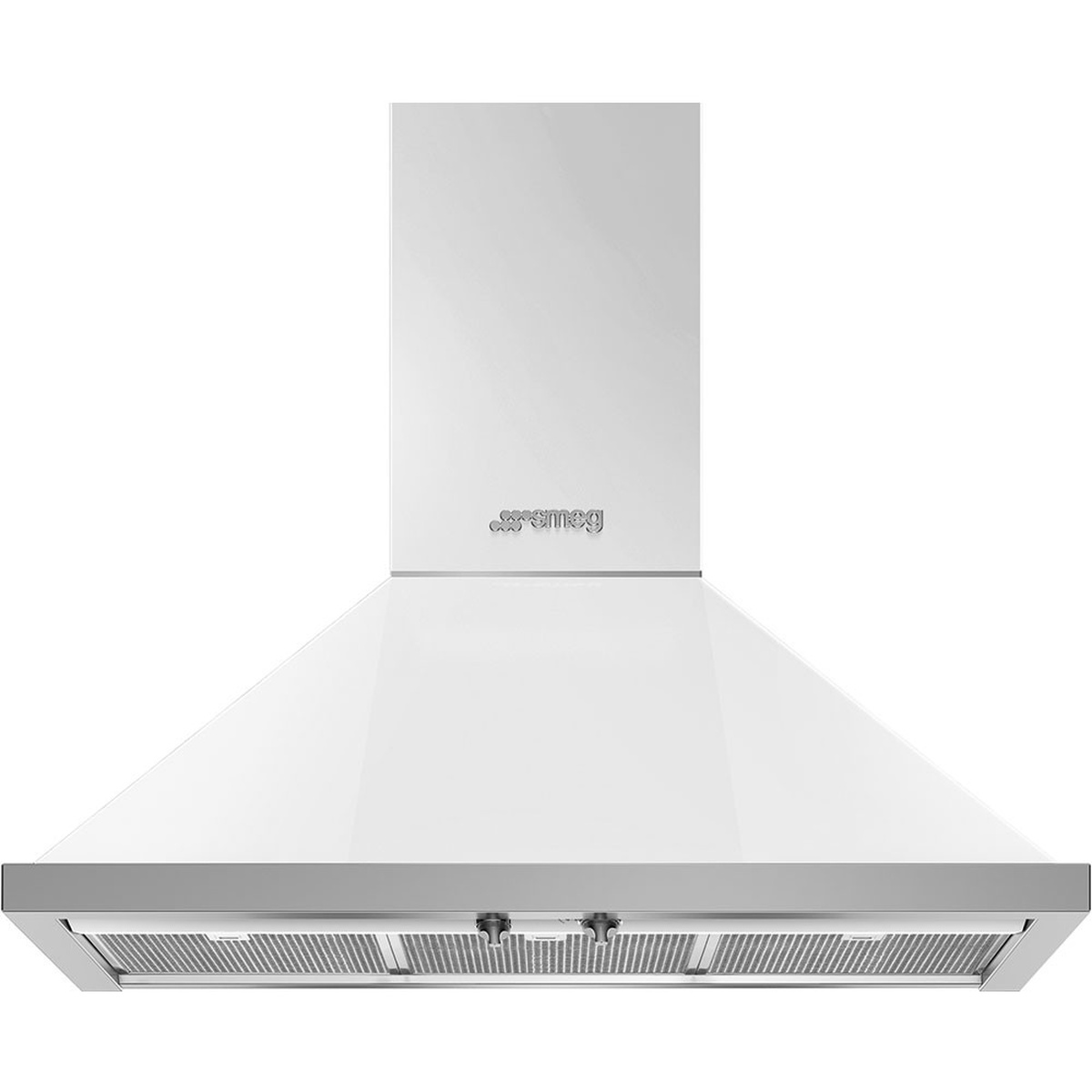 Front view of a white Smeg Portofino-style wall-mount chimney range hood with two control knobs and underside mesh filters