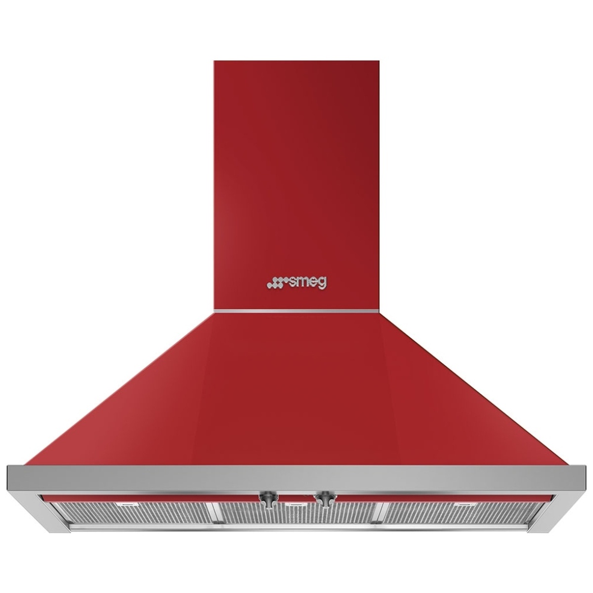 Red Smeg wall-mount chimney range hood with stainless lower trim, underside mesh filters, and two control knobs
