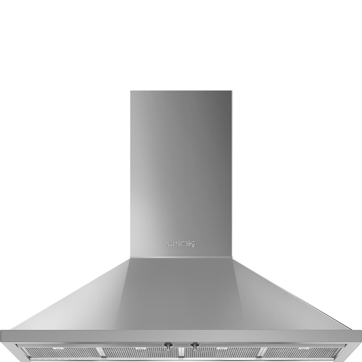 Front view of a Smeg brushed stainless steel chimney-style wall range hood with a wide canopy