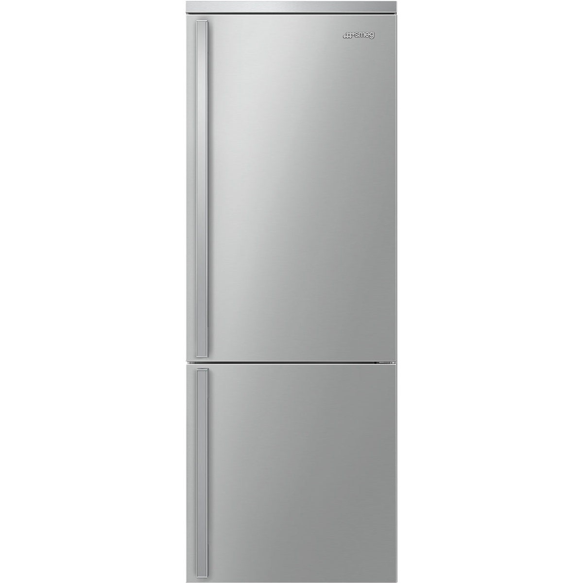 Front view of the Smeg stainless steel bottom-mount refrigerator with two flat doors and long vertical handles