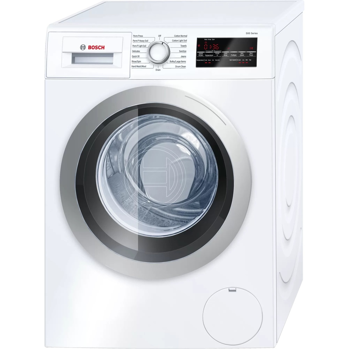 Front view of a white Bosch front load washer with a central cycle selector dial and an LED control panel on the right