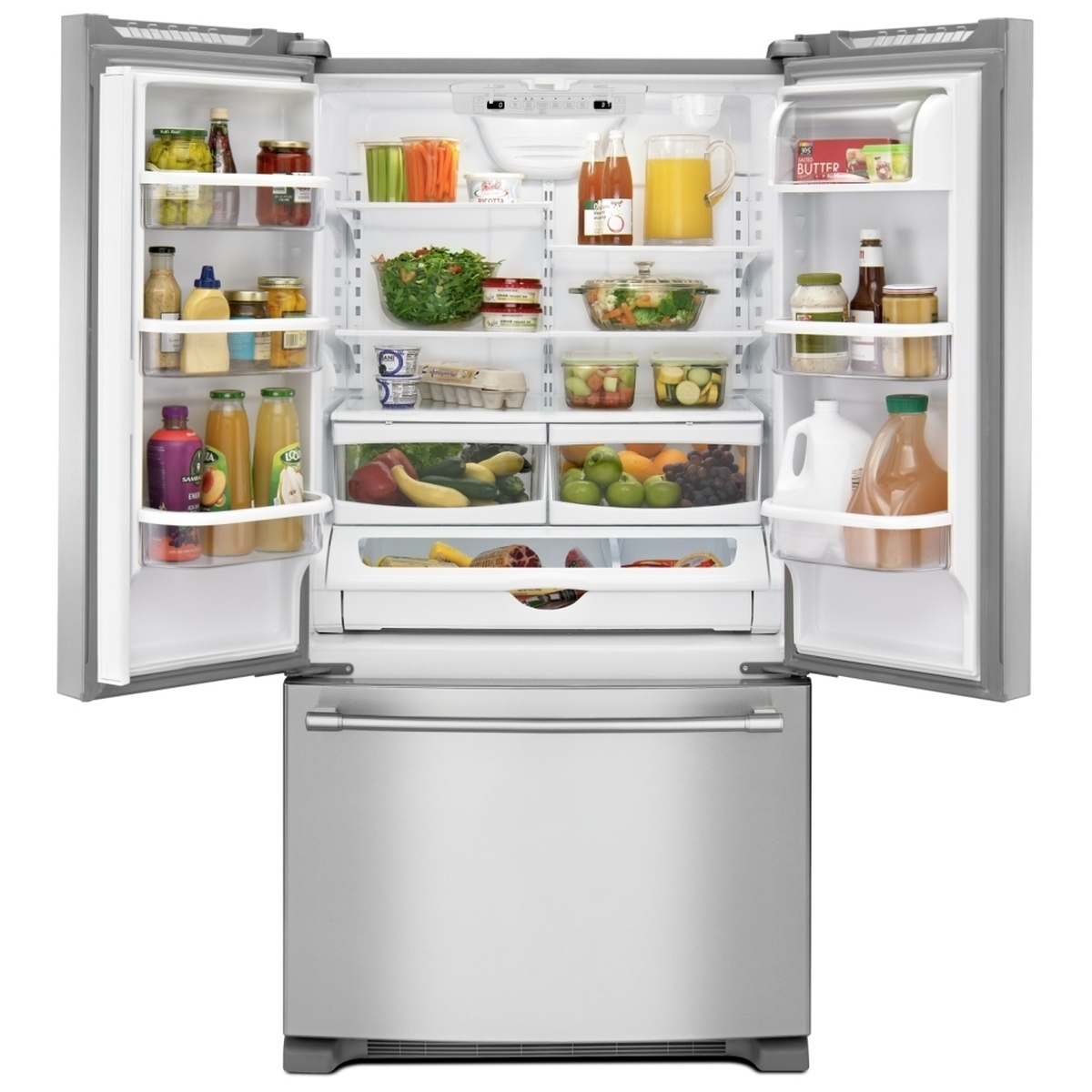 Open Maytag French door refrigerator showing adjustable shelves, door bins, two crispers, and a full-width drawer