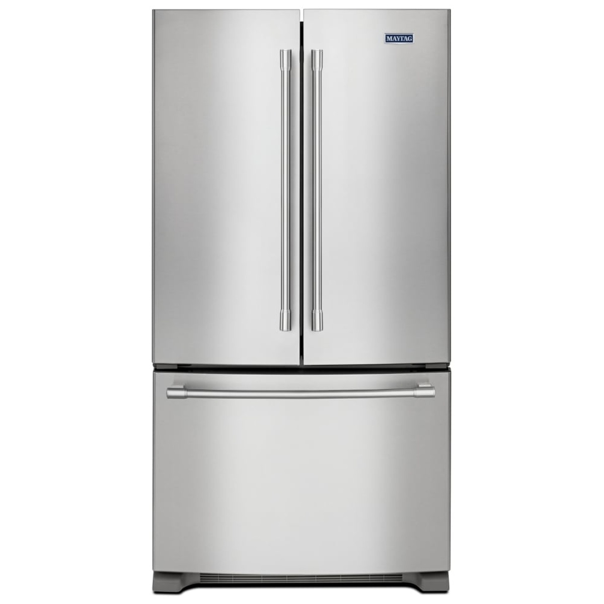 Front view of Maytag MRFF5033PZ fingerprint resistant stainless French door refrigerator with bottom freezer drawer
