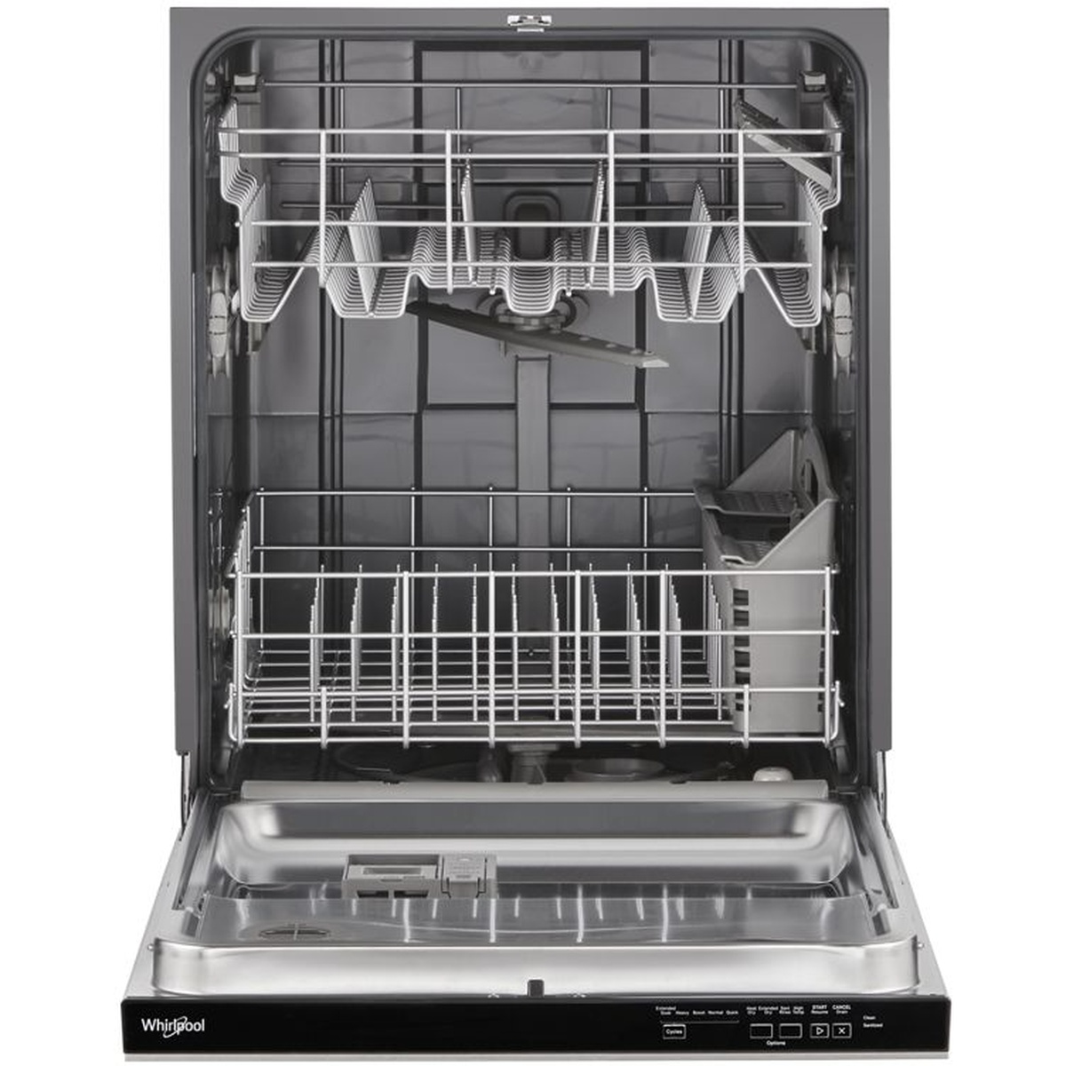 Open Whirlpool dishwasher showing the upper and lower racks and silverware basket