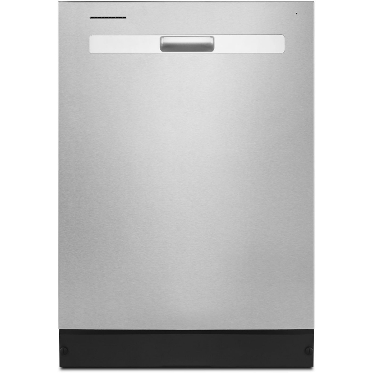 Front view of a Whirlpool built-in dishwasher with a stainless-look door and recessed handle