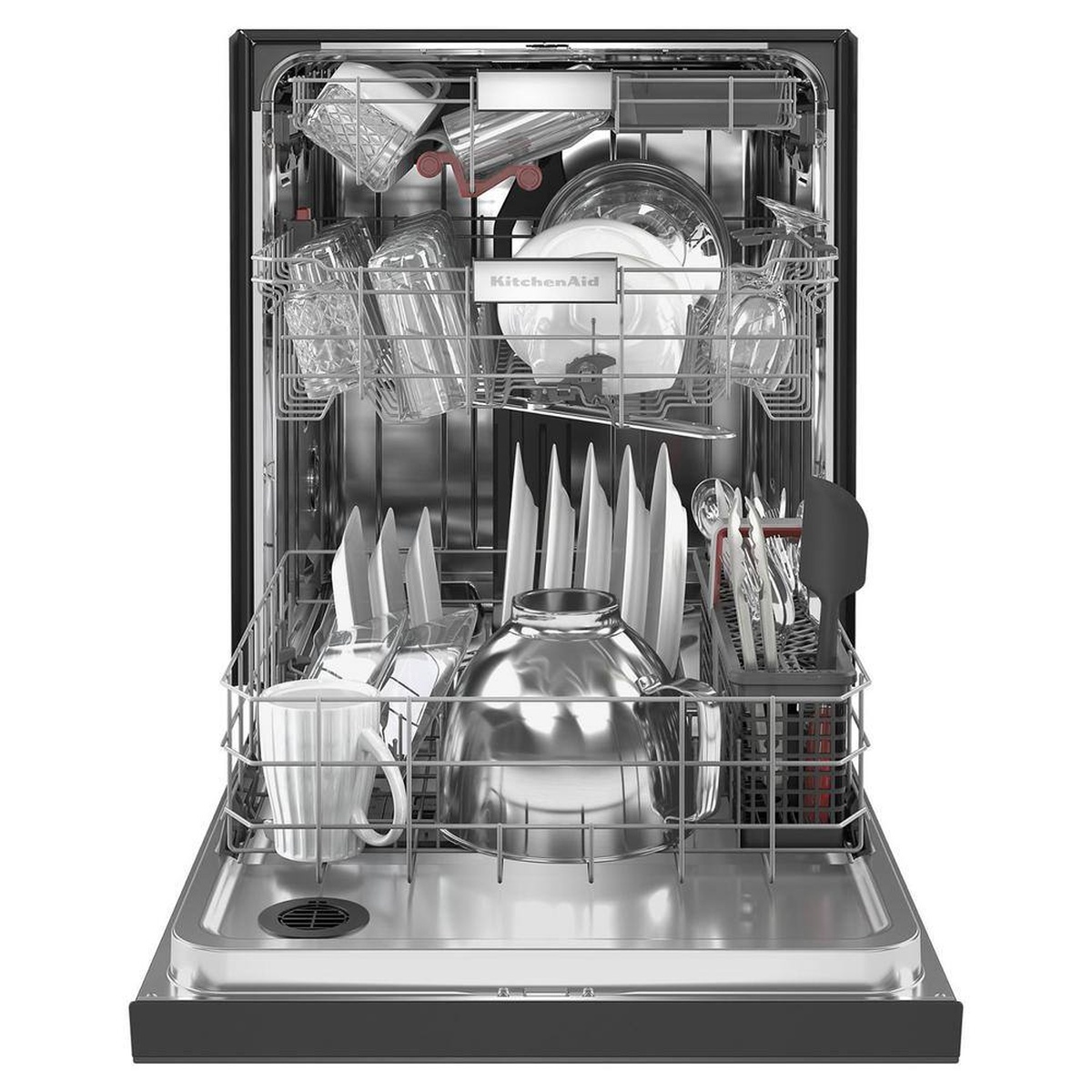 Open KitchenAid dishwasher showing the third rack, middle rack, lower rack, and stainless steel interior